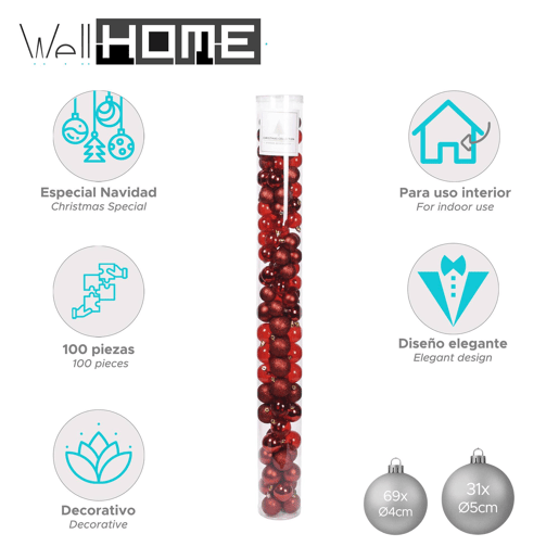 Well Home Pacote com 100 bolas de Natal vermelhas em tubo em diferentes acabamentos e tamanhos