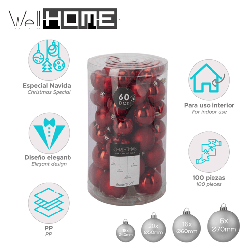 Well Home Conjunto de 60 bolas de Natal vermelhas em vários tamanhos e acabamentos