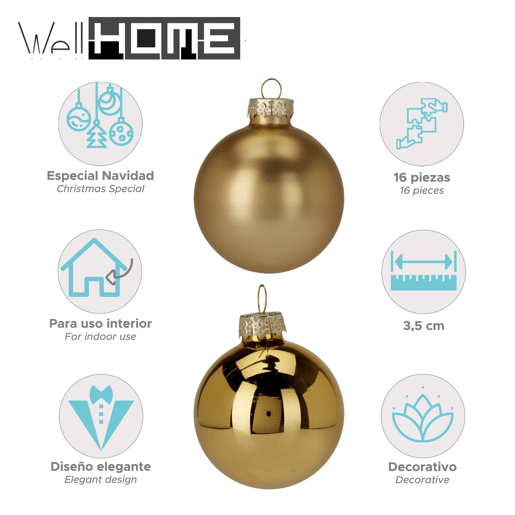 Well Home Conjunto de 16 Bolas de Natal Douradas Ø3,5cm - Brilhante e Fosco