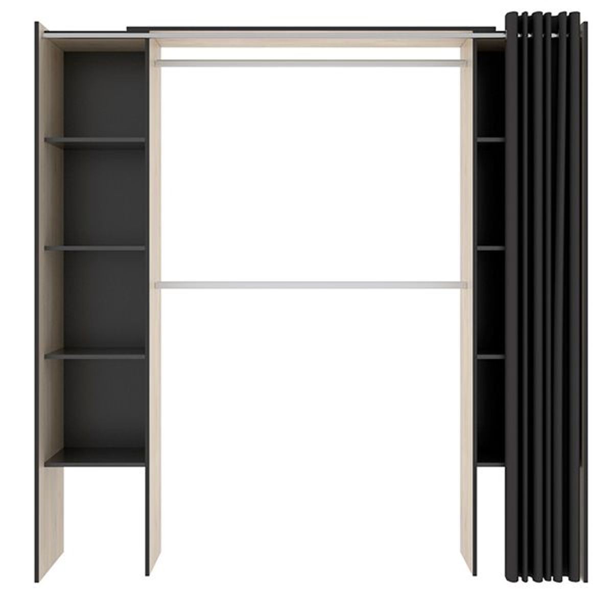 Armario vestidor suit 8 estantes con 2 barras y cortina grafito/natural 205x110-180x50 cm