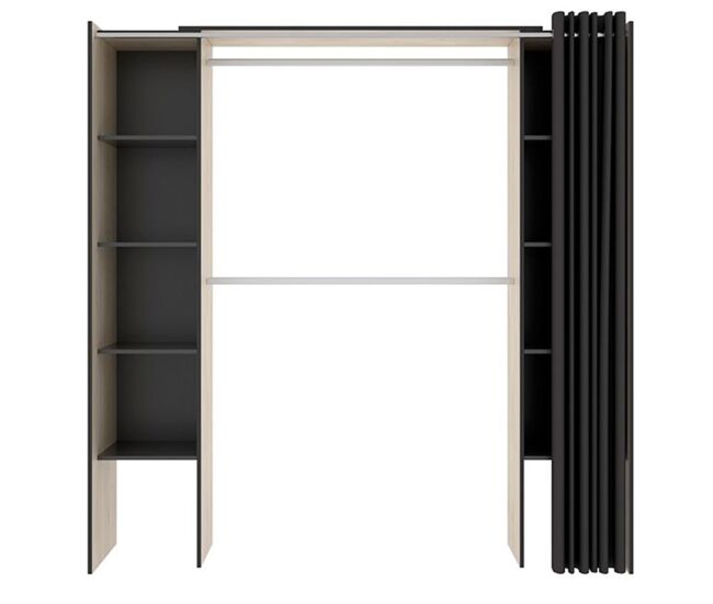 Armario vestidor suit 8 estantes con 2 barras y cortina grafito/natural 205x110-180x50 cm