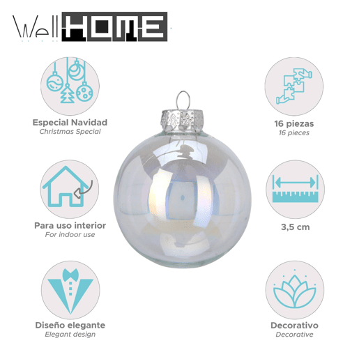 Well Home Conjunto de 16 Bolas de Natal Prateadas Ø3,5cm - Brilhante e Fosco