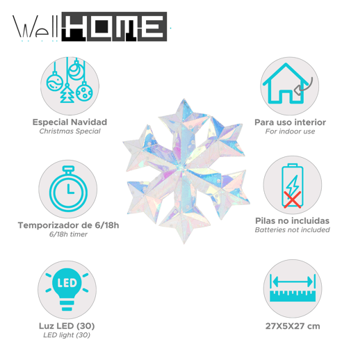 Floco de neve luminoso Well Home com 30 luzes LED arco-íris legais 27x27x5cm