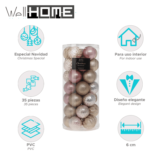 Well Home Conjunto de 35 bolas de Natal de 6 cm com 5 designs diferentes em relevo na cor champanhe