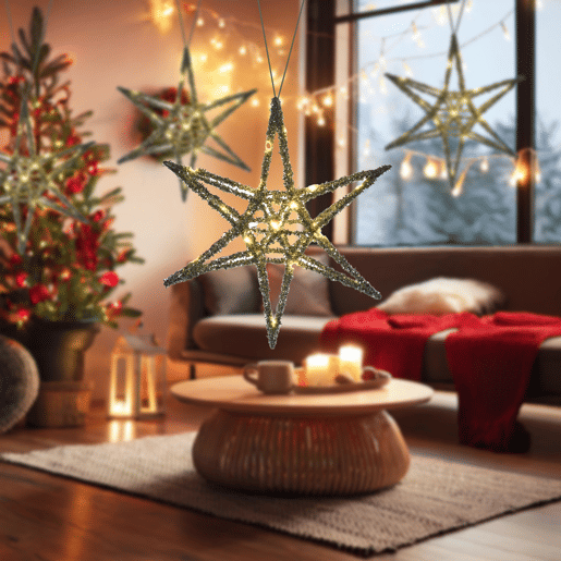 Well Home Estrela de Natal Prateada com 20 Luzes LED Brancas 30x30x5cm