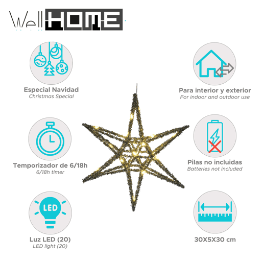 Well Home Estrela de Natal Prateada com 20 Luzes LED Brancas 30x30x5cm