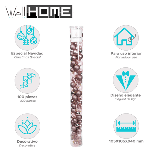 Well Home Pacote com 100 bolas de Natal rosa em tubo em diferentes acabamentos e tamanhos