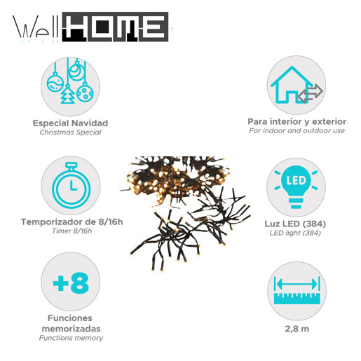Well Home 384 Luzes LED Brancas Quentes com Controlador de 8 Funções - 2,8 Metros