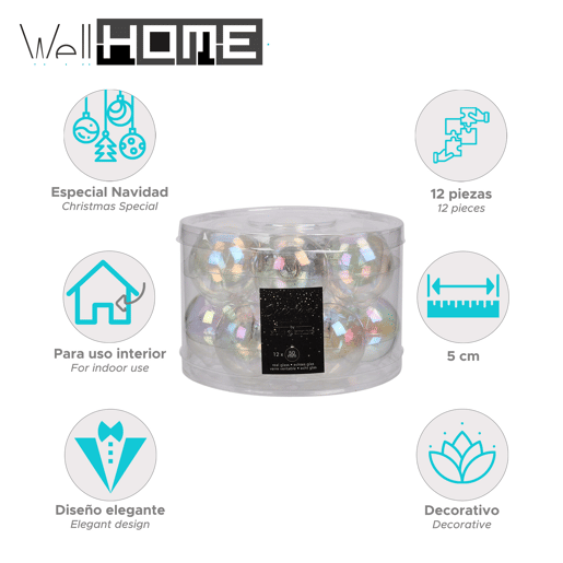 Well Home Conjunto de 12 Bolas de Natal Prateadas Ø5cm - Brilhante e Fosco