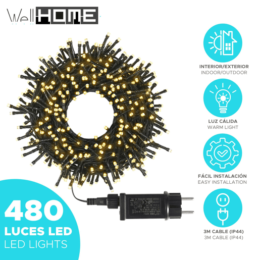 Luzes de corda Well Home com 480 LEDs brancos quentes - Cabo de 3 m