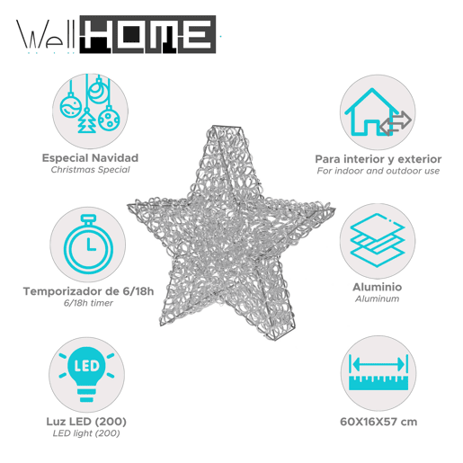 Well Home Estrela Luminosa de Alumínio com 200 Micro LEDs 57x60x16cm