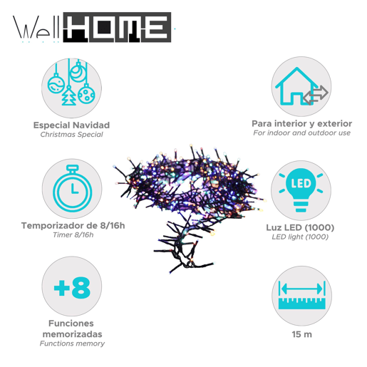Luzes de LED Well Home 1000 Cluster com 8 funções e temporizador - 15 metros