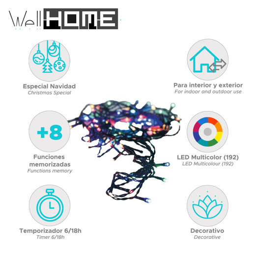 Well Home 192 Luzes LED Multicoloridas com Controlador de 8 Funções