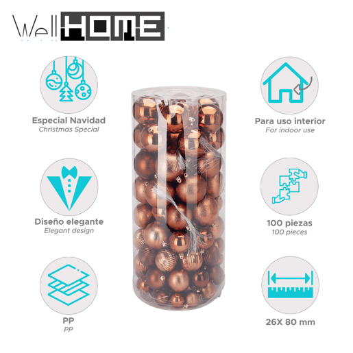 Well Home Conjunto de 100 Bolas de Natal Marrons em Tubo PET com Diferentes Desenhos e Acabamentos