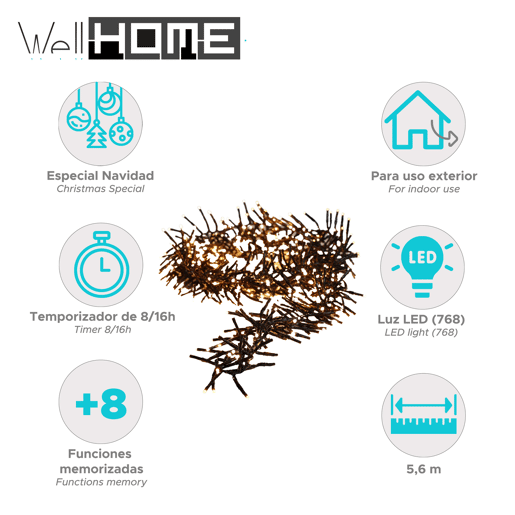 Luzes de corda LED Well Home 768 branco quente e branco extra quente com controlador de 8 funções e temporizador
