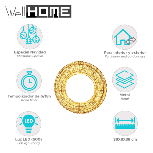 Guirlanda luminosa Well Home com 500 luzes LED brancas quentes e estrutura de metal, Ø38cm