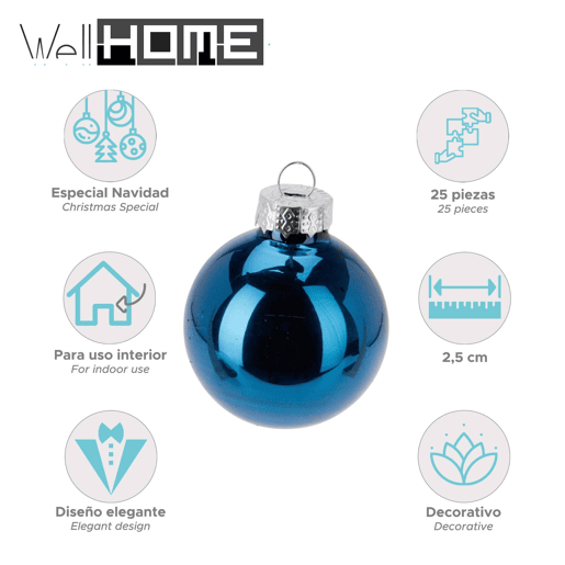 Well Home Conjunto de 25 Bolas de Natal Azuis Ø2,5cm - Brilhante