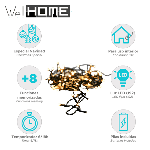 Well Home 192 Luzes LED Brancas Quentes com Controlador de 8 Funções