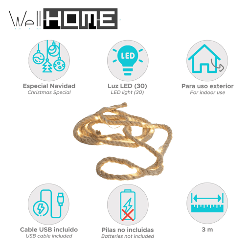 Guirlanda de 3m Well Home com 30 luzes LED brancas quentes