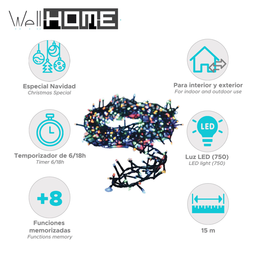 Conjunto de luzes LED multicoloridas Well Home 750 com cabo de 15 metros e temporizador