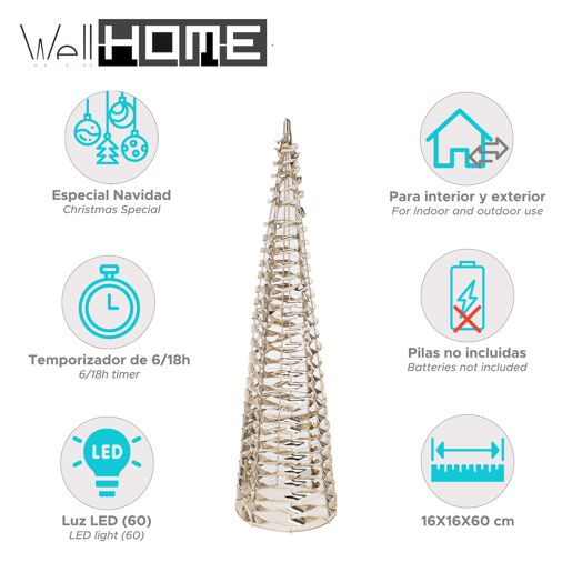 Well Home Luz decorativa de cone de Natal com design torcido e 60 micro LEDs de 60 cm