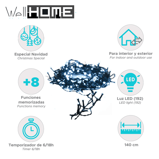 Well Home 192 Luzes LED Brancas com 8 Funções e Temporizador - 1,4 Metros