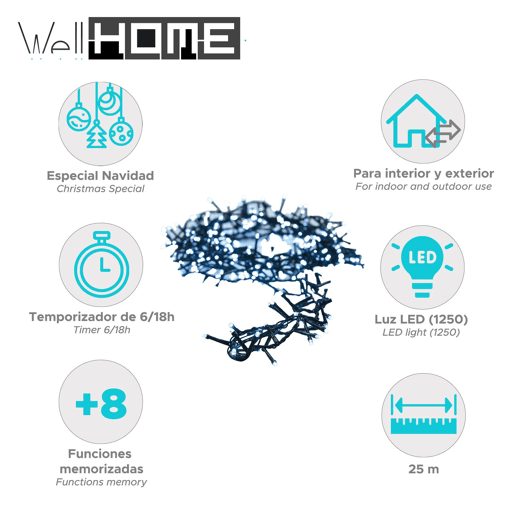 Conjunto de luzes LED brancas Well Home 1250 com cabo de 25 m e temporizador