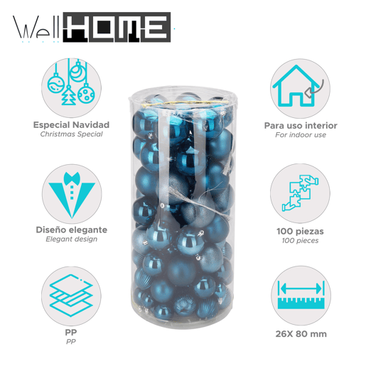 Well Home Conjunto de 100 Bolas de Natal Azuis em Tubo PET com Diferentes Desenhos e Acabamentos