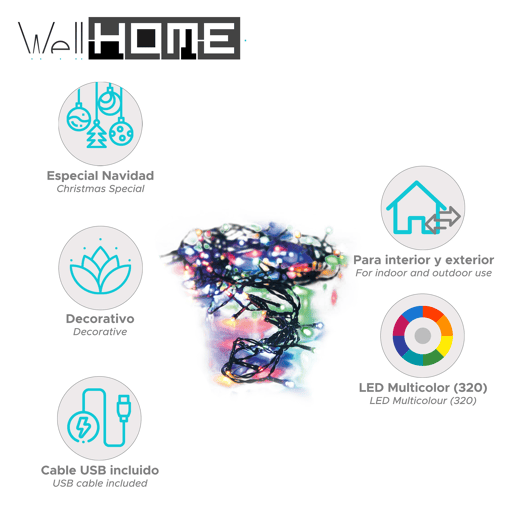 Luzes de corda LED multicoloridas para ambientes externos Well Home 320 - Cabo de 3 m