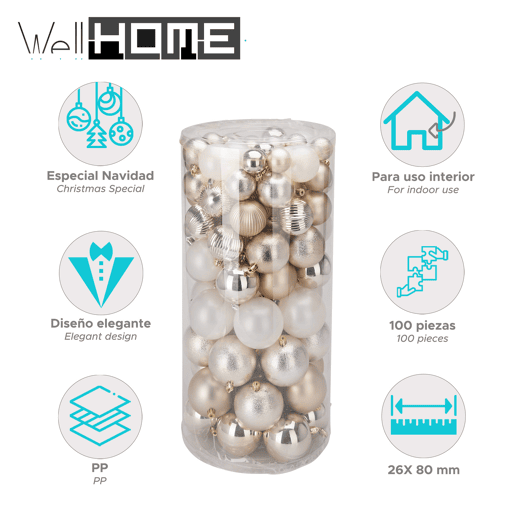 Well Home Conjunto de 100 Bolas de Natal Light Gold em Tubo PET com Diferentes Desenhos e Acabamentos