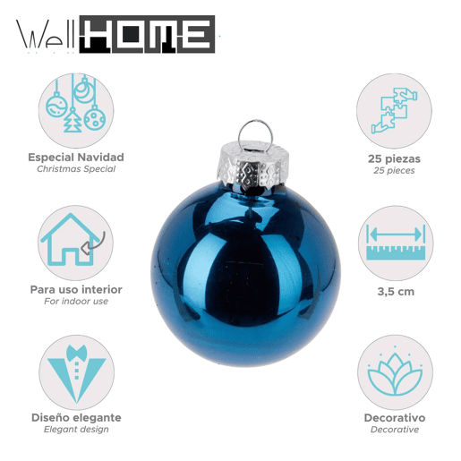 Well Home Conjunto de 25 Bolas de Natal Azuis Ø3,5cm - Acabamento Perolado