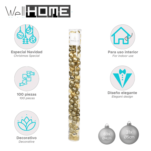 Well Home Pacote com 100 Bolas de Natal Douradas em Tubo em Diferentes Acabamentos e Tamanhos