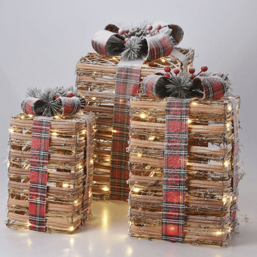 Decorações de Natal Well Home - Conjunto de 3 caixas de presente com luzes LED em tamanhos diferentes