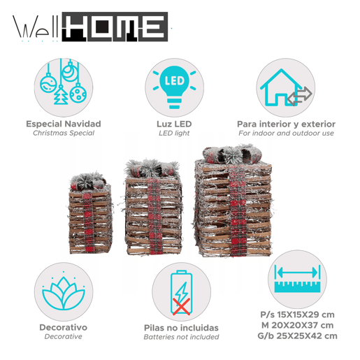 Decorações de Natal Well Home - Conjunto de 3 caixas de presente com luzes LED em tamanhos diferentes