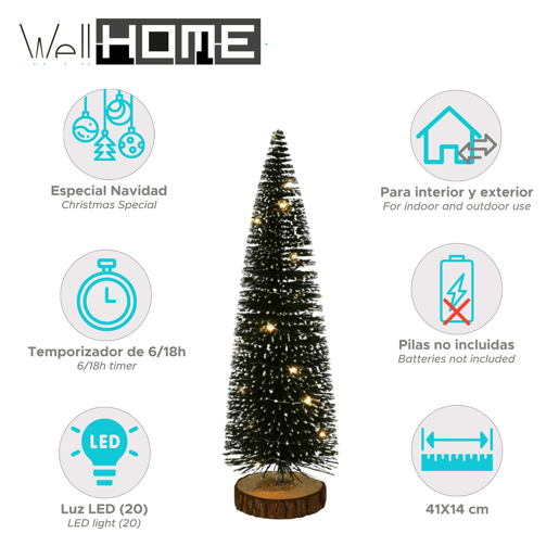 Árvore de Natal Well Home com 20 luzes LED brancas quentes e temporizador - 41x14x14cm