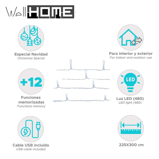 Cortina de luz Well Home com 480 luzes LED brancas com controlador 300x225cm