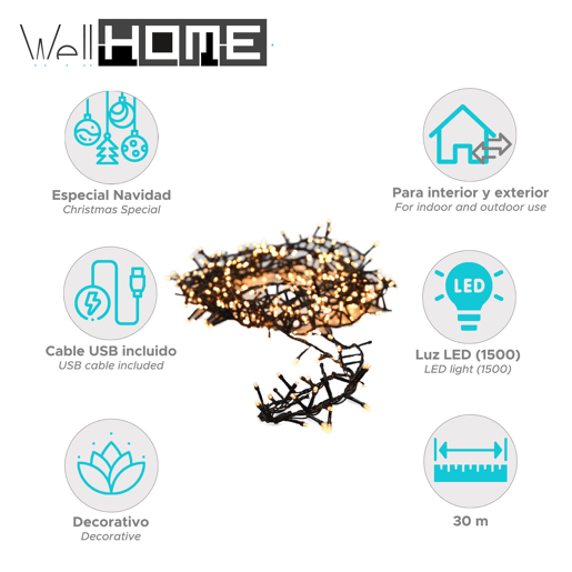 Cordão de Luzes LED Well Home 1500, Branco Extra Quente - 30 Metros