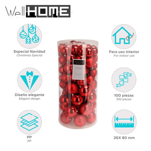 Well Home Conjunto de 100 Bolas de Natal Vermelhas em Tubo PET com Diferentes Desenhos e Acabamentos