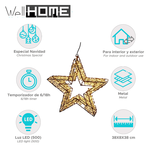 Well Home Estrela Luminosa com 500 Luzes LED e Estrutura Metálica 38x38x8cm