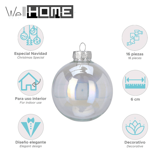 Well Home Conjunto de 16 Bolas de Natal Prateadas Ø6cm - Brilhante e Fosco