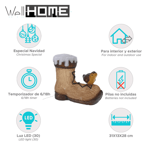 Decoração de Natal Well Home com pássaros e 30 luzes LED, 31 x 13 x 28 cm