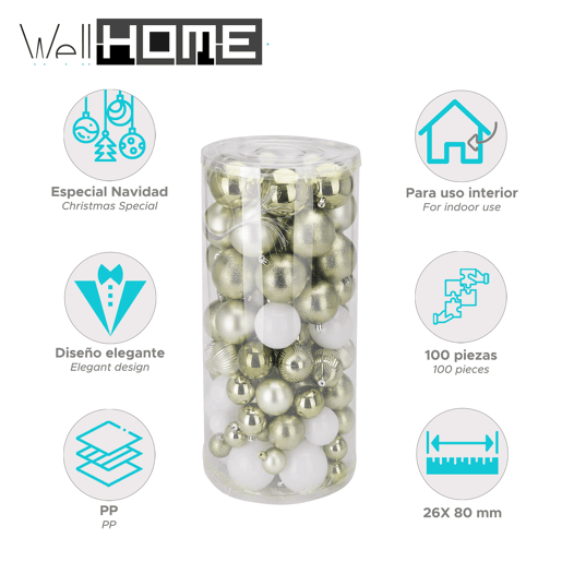 Well Home Conjunto de 100 Bolas de Natal Verdes em Tubo PET com Diferentes Desenhos e Acabamentos