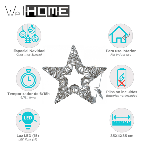 Well Home Luz Decorativa Estrela com 15 Luzes LED com Glitter 35x4x35cm