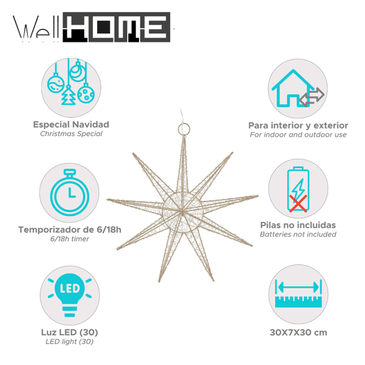 Estrela de LED para pendurar em arame Well Home com 20 luzes LED decorativas 30x7x0cm