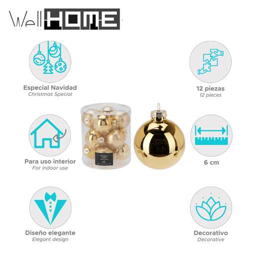 Well Home Conjunto de 12 Bolas de Natal Douradas Ø6cm - Brilhante e Fosco