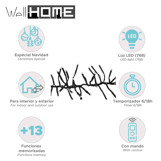 Well Home 768 Luzes de LED Branco Quente com Controle Remoto, 13 Funções e Temporizador