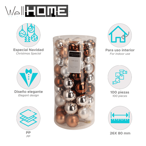 Well Home Conjunto de 100 Bolas de Natal Âmbar em Tubo PET com Diferentes Desenhos e Acabamentos