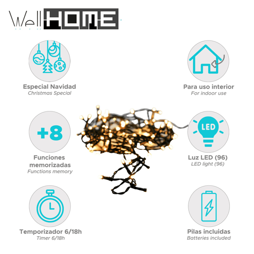 Well Home 96 Luzes de LED Branco Quente com Controlador de 8 Funções