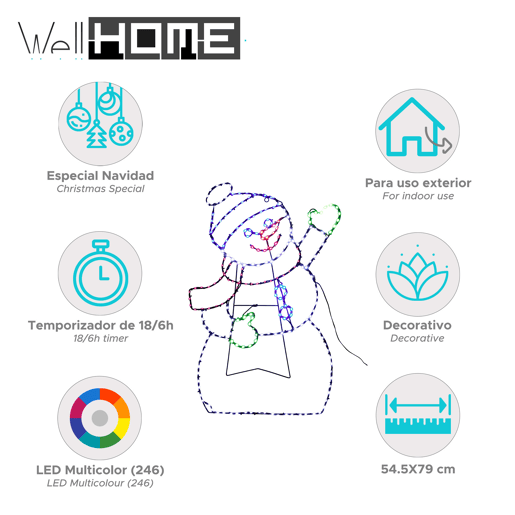 Well Home 246 LED Boneco de neve acenando com função de temporizador e várias cores 79 cm