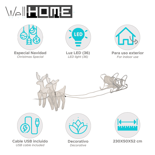 Decoração de Natal LED Well Home Rena com Trenó